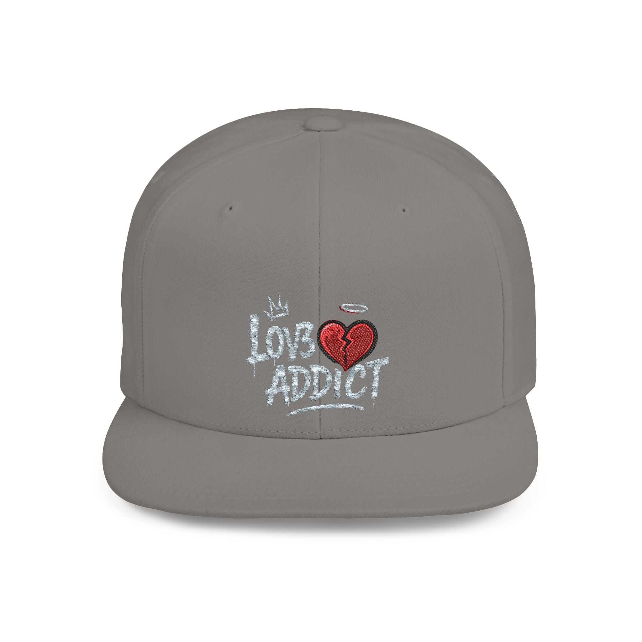 Flat Bill Snapback Hat — 'Lov3 Addict' Heart Embroidered Cap