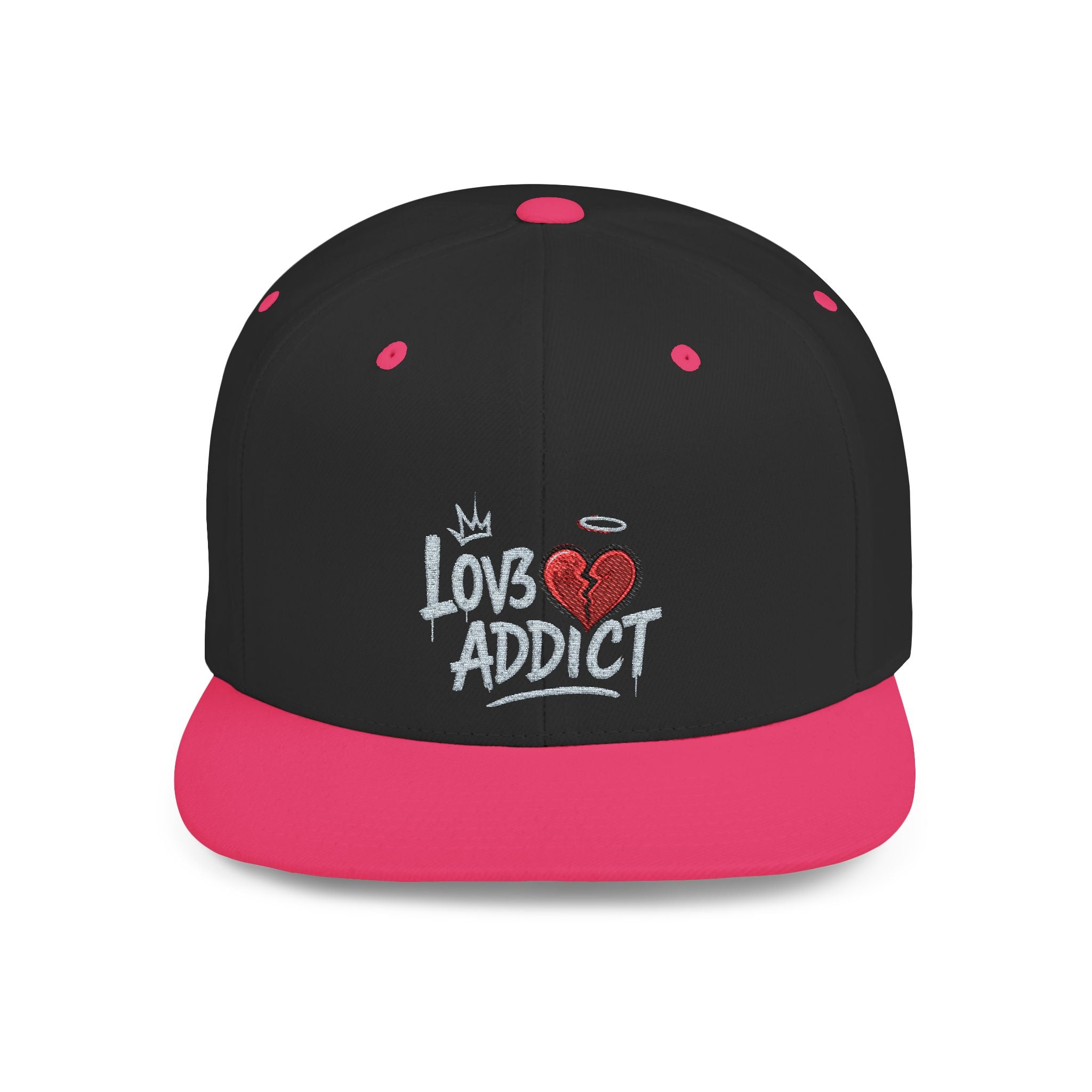 Flat Bill Snapback Hat — 'Lov3 Addict' Heart Embroidered Cap