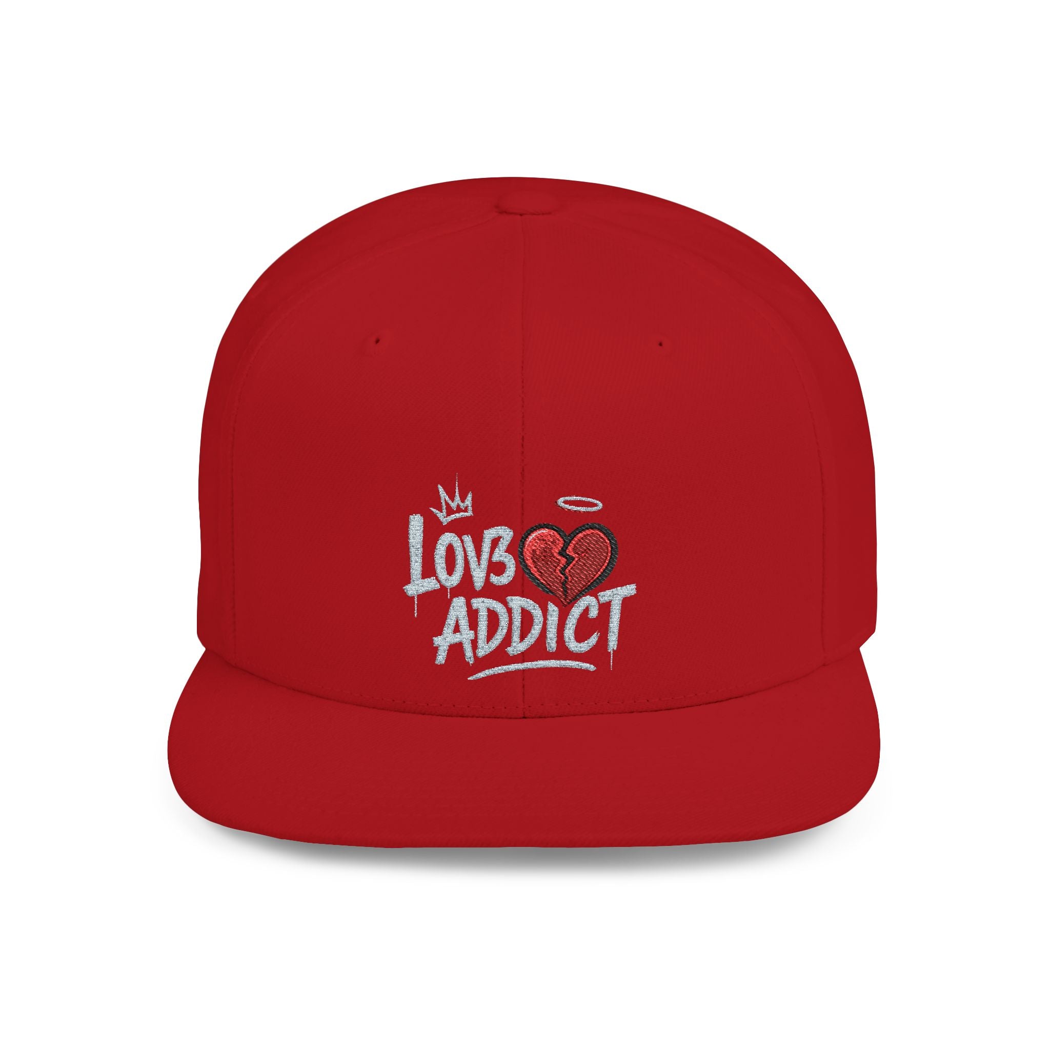 Flat Bill Snapback Hat — 'Lov3 Addict' Heart Embroidered Cap