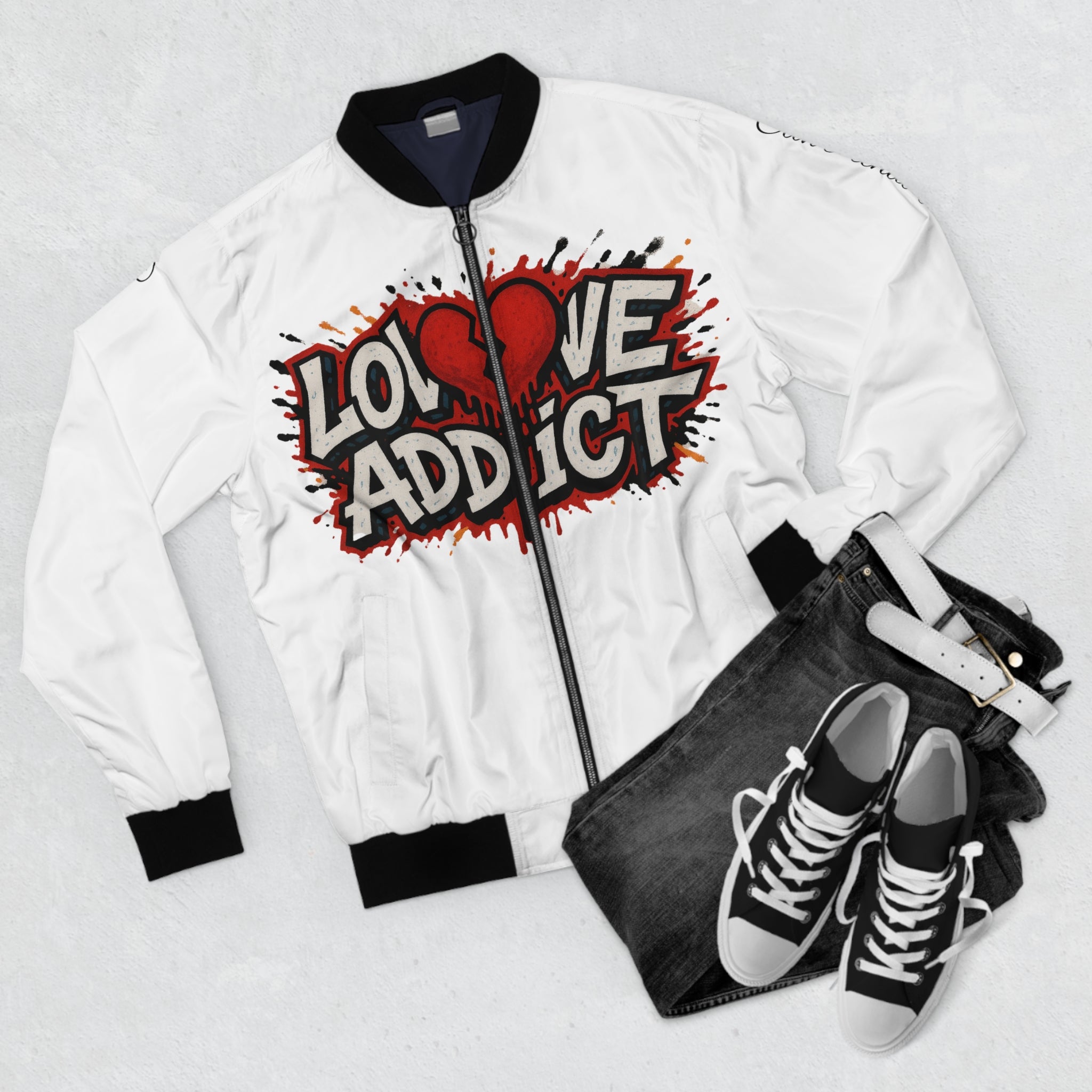 Lov3 Addict Bomber Jacket — Red Cherub Heart AOP