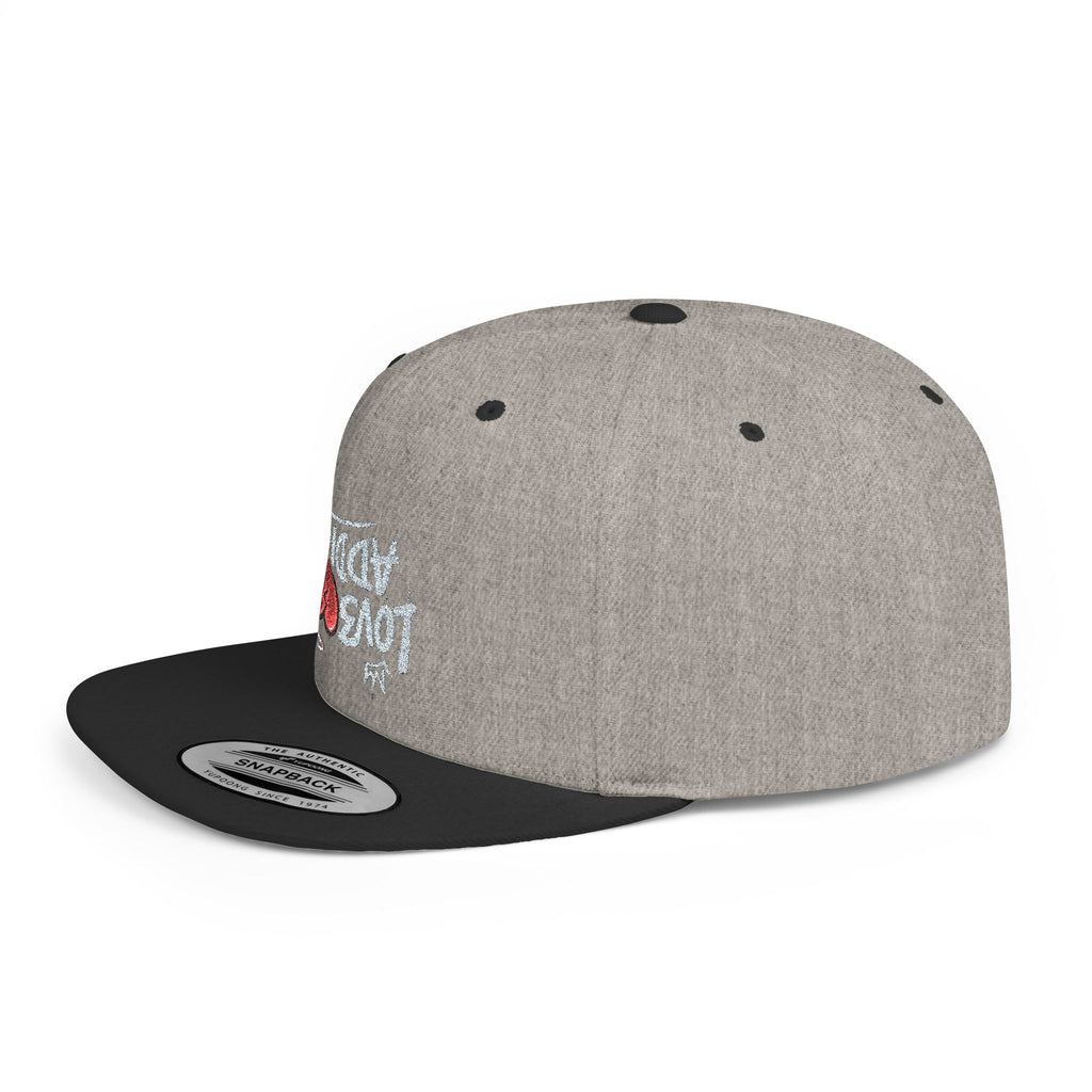 Flat Bill Snapback Hat — Red Heart Glitter Script Embroidered Cap