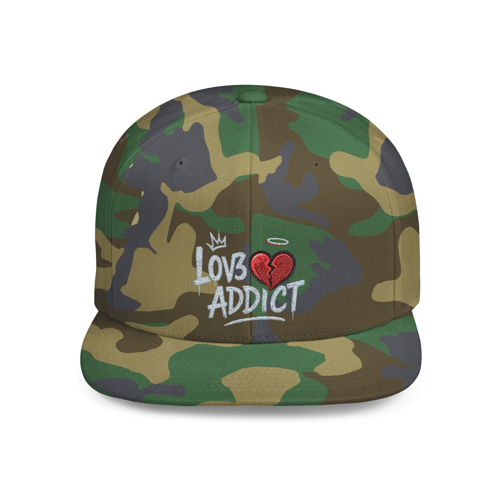Flat Bill Snapback Hat — 'Lov3 Addict' Heart Embroidered Cap