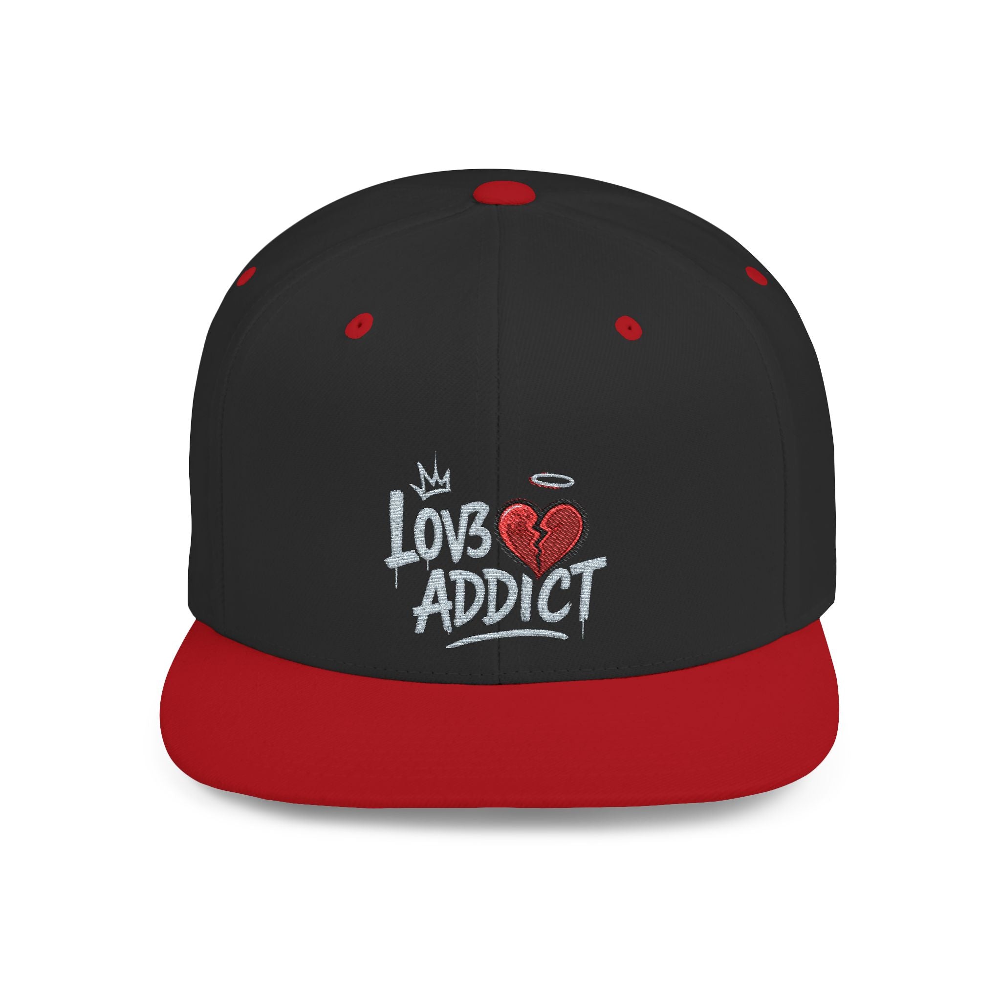 Flat Bill Snapback Hat — 'Lov3 Addict' Heart Embroidered Cap