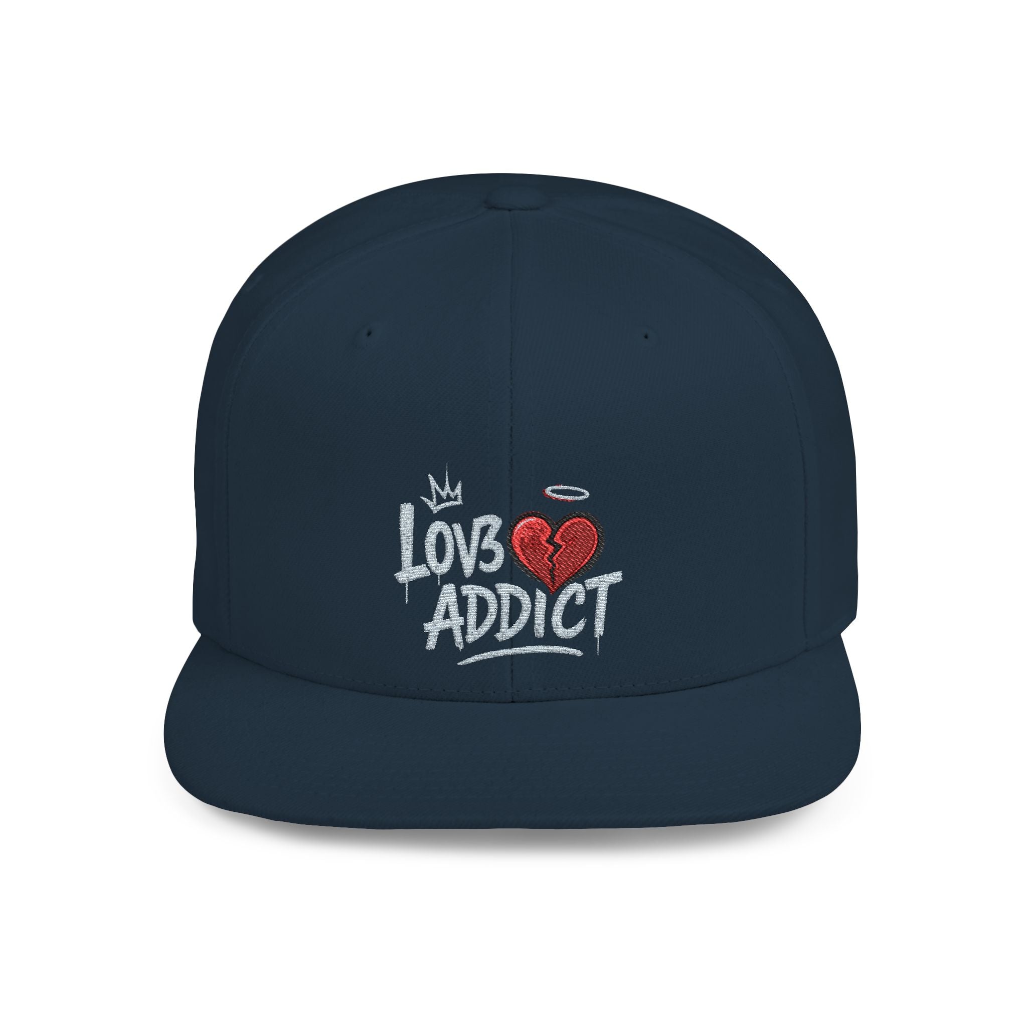 Flat Bill Snapback Hat — 'Lov3 Addict' Heart Embroidered Cap