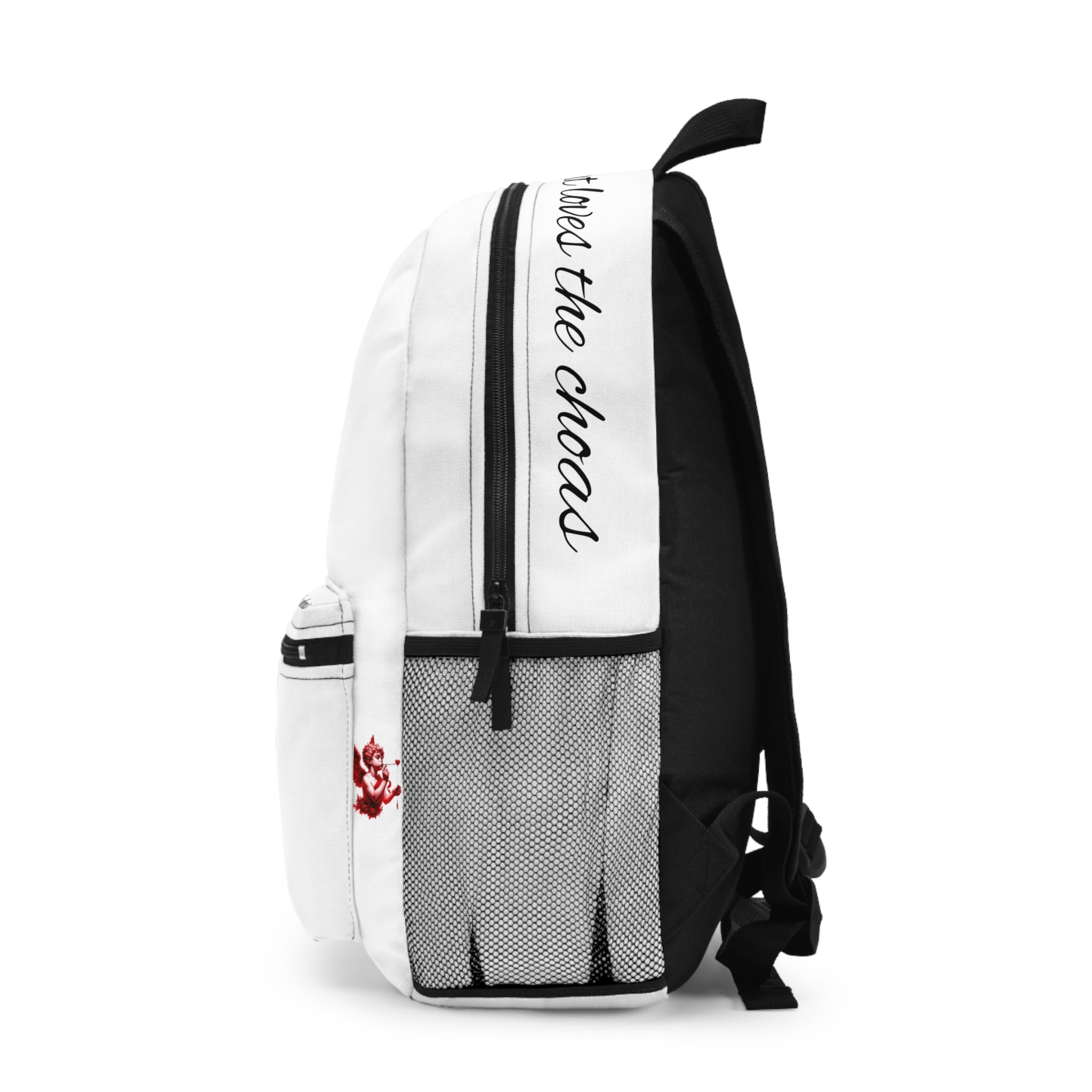 Lov3 Addict Backpack — White Cupid Heart Graphic School Bag
