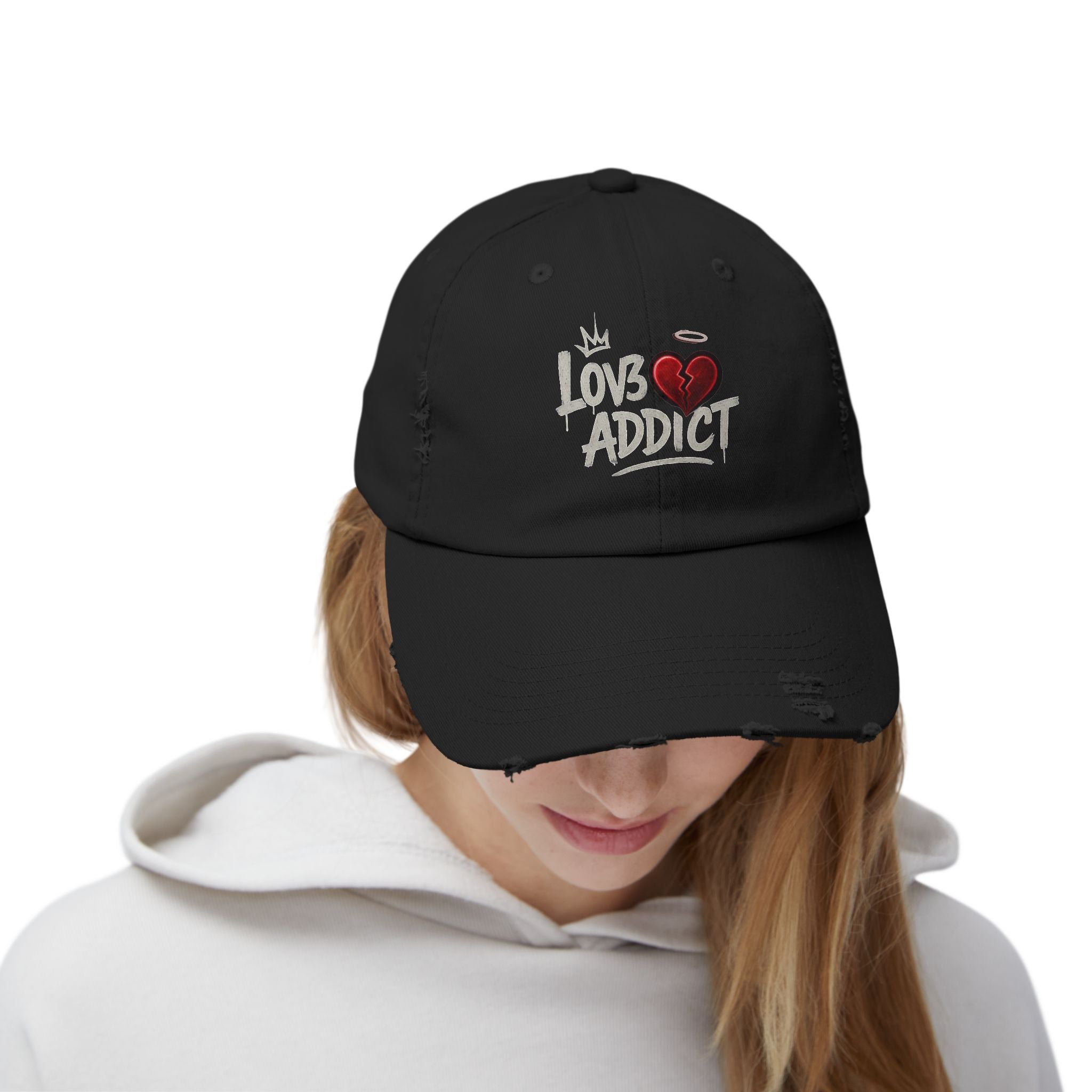 Lov3 Addict Distressed Cap – Broken Heart Graphic Dad Hat
