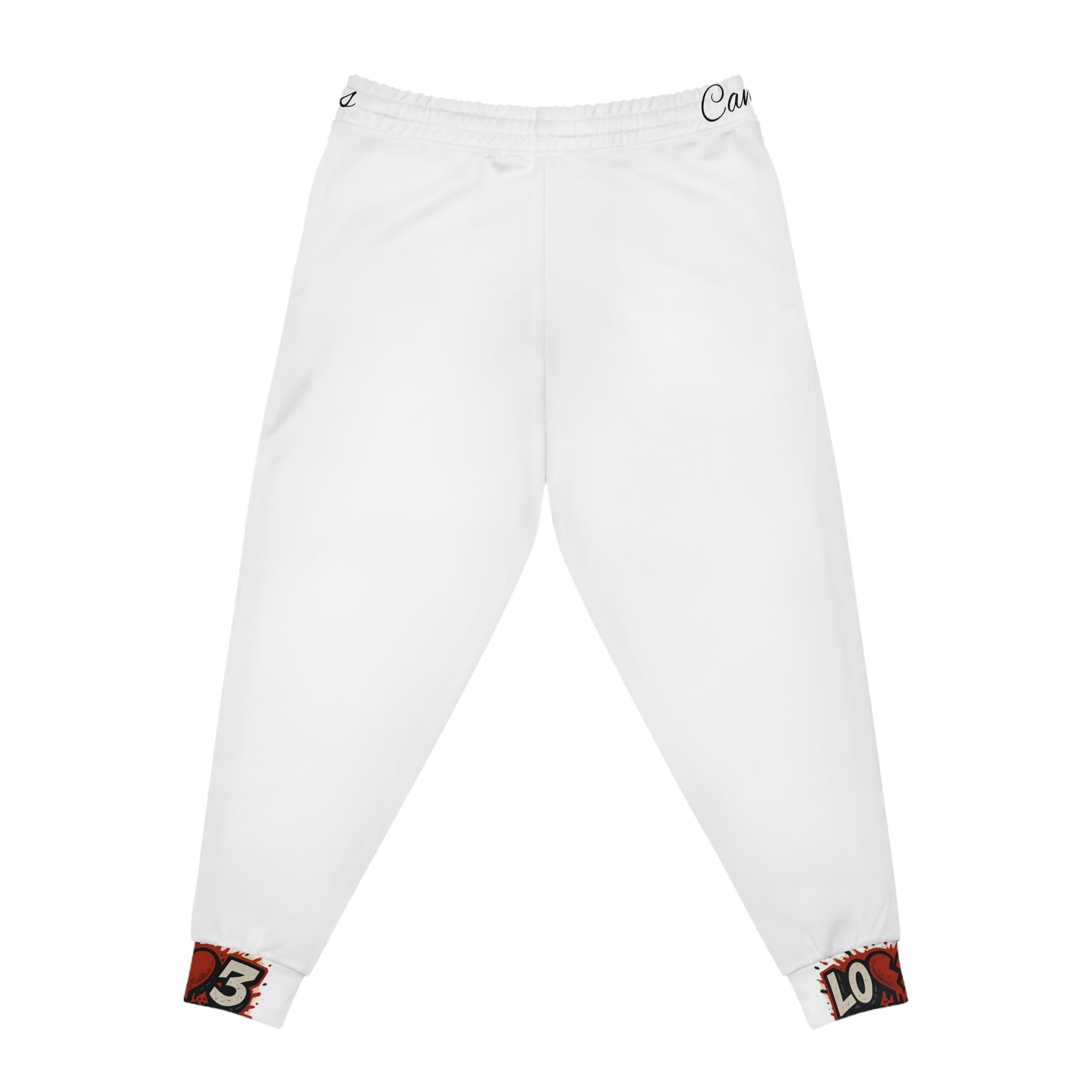 Lov3 Addict Joggers — White Graphic Athletic Sweatpants with Heart Logo