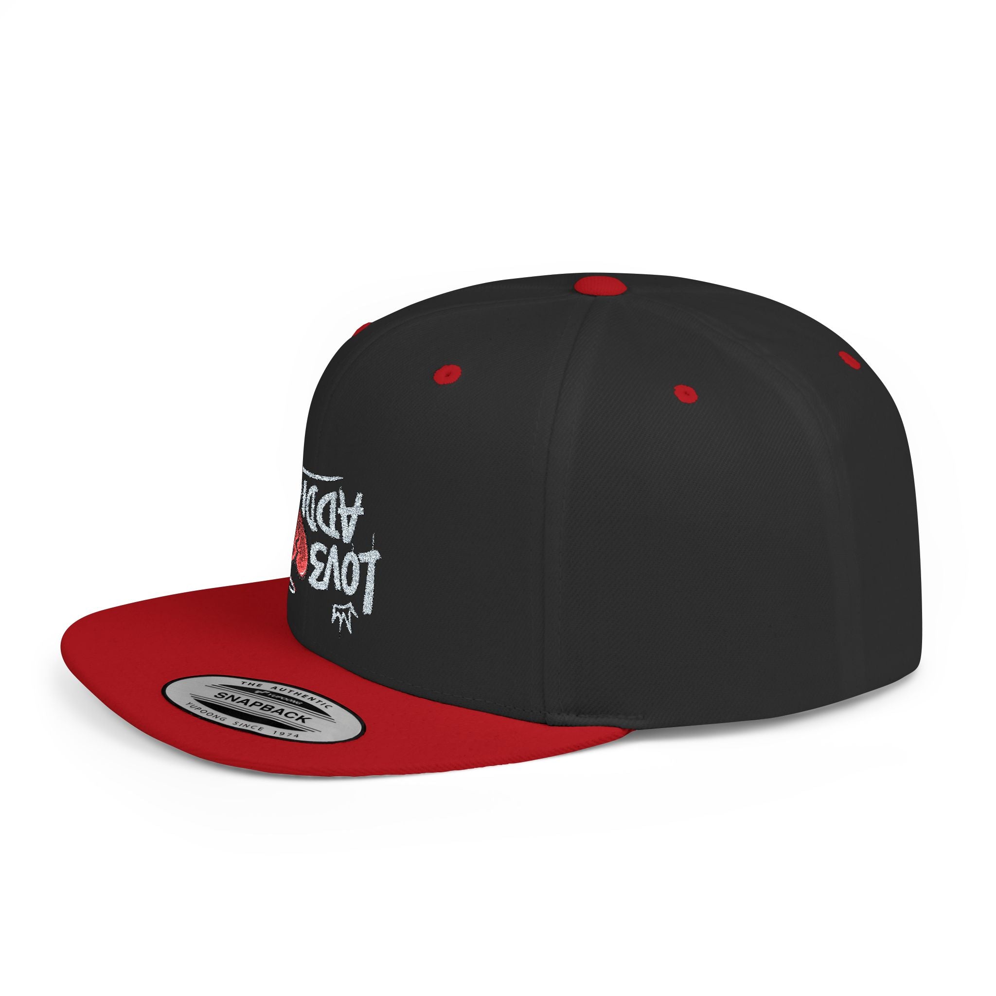 Flat Bill Snapback Hat — Red Heart Glitter Script Embroidered Cap