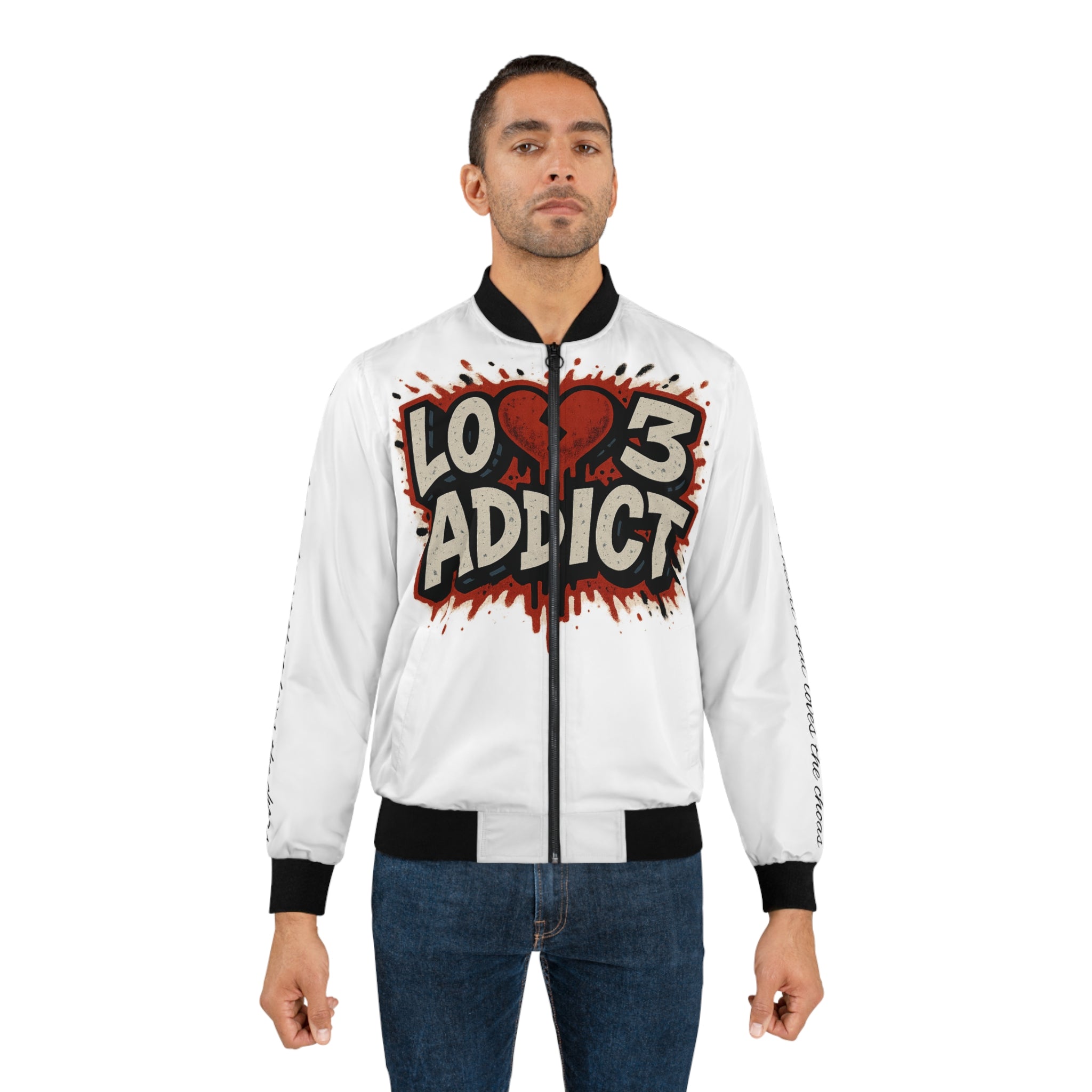 Lov3 Addict Bomber Jacket — Retro Graffiti Heart Cupid AOP
