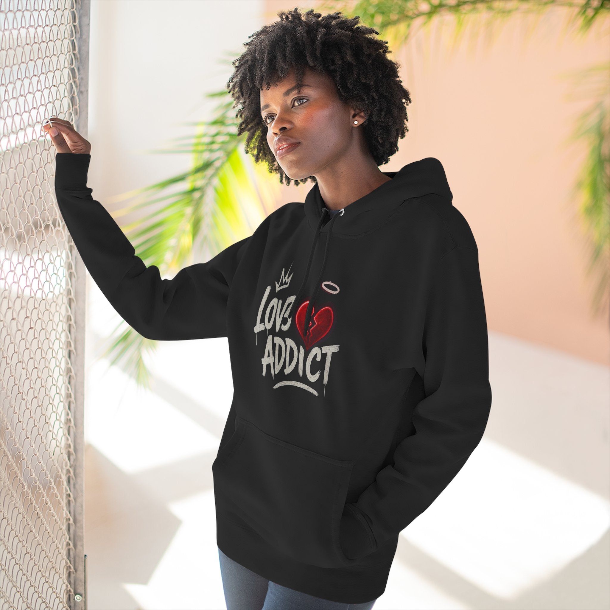 Hoodie - 'Lov3 Addict' Red Cupid Graphic Fleece Hoodie
