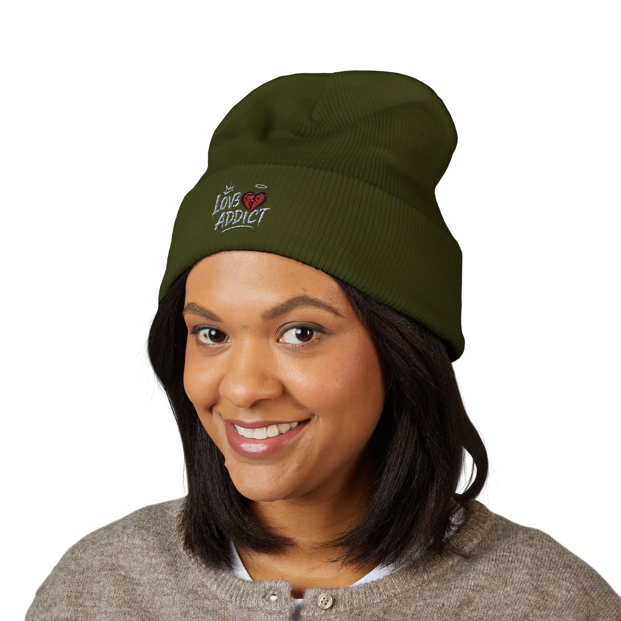 Iced Heart Addict Embroidered Beanie — Classic Cuffed Knit Hat
