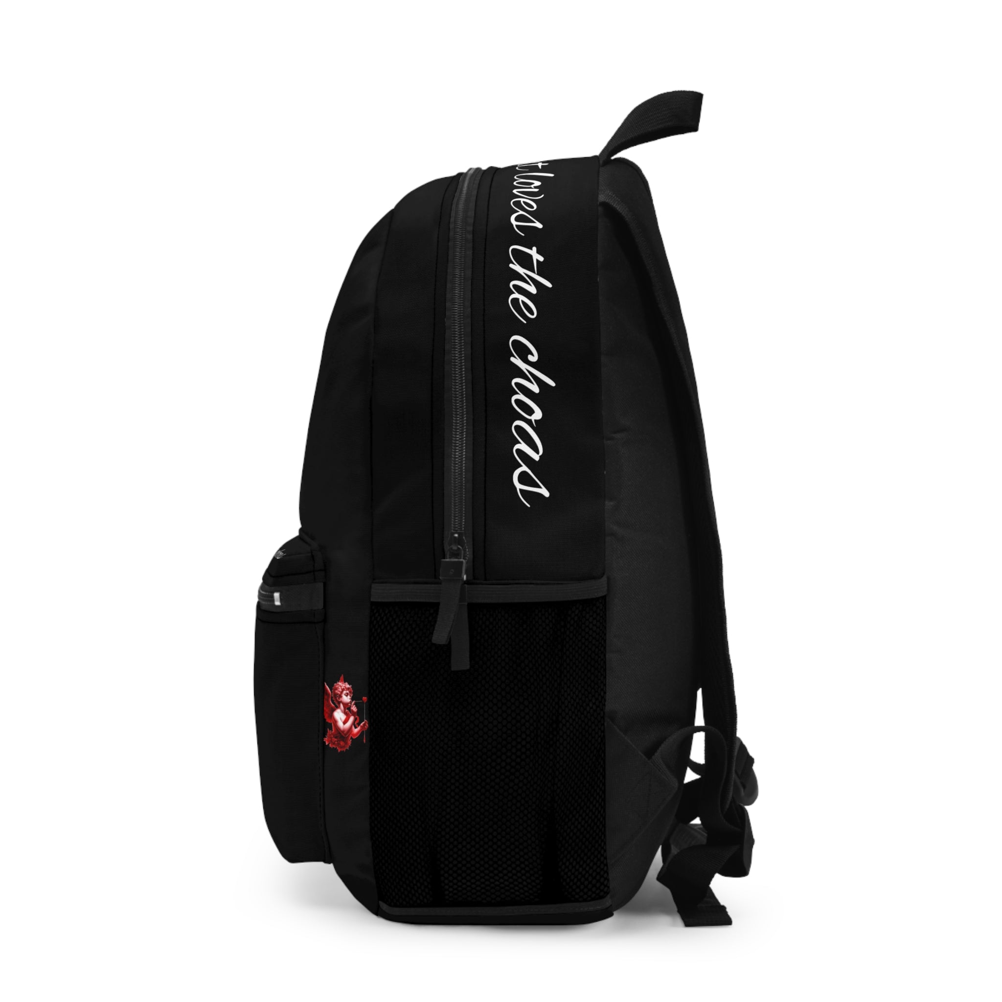 Lov3 Addict Backpack — Black Cupid Heart Graphic School Bag