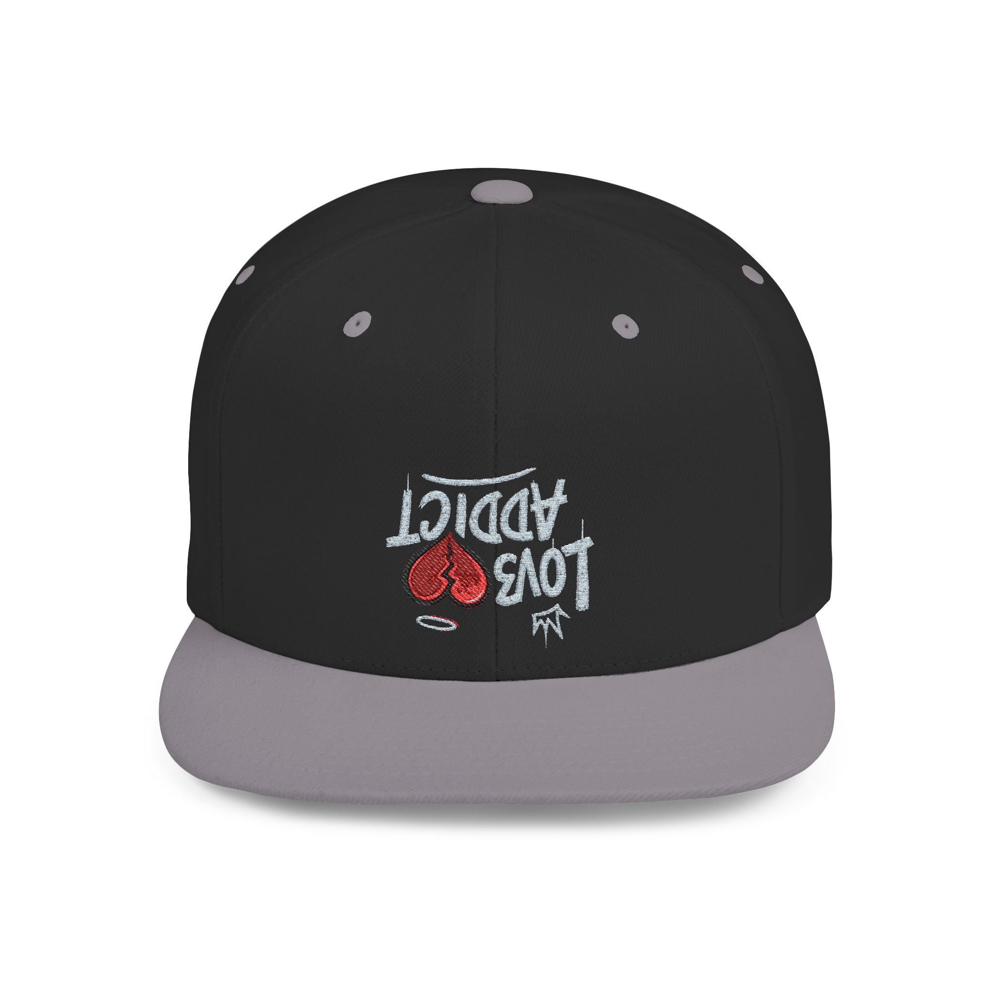 Flat Bill Snapback Hat — Red Heart Glitter Script Embroidered Cap