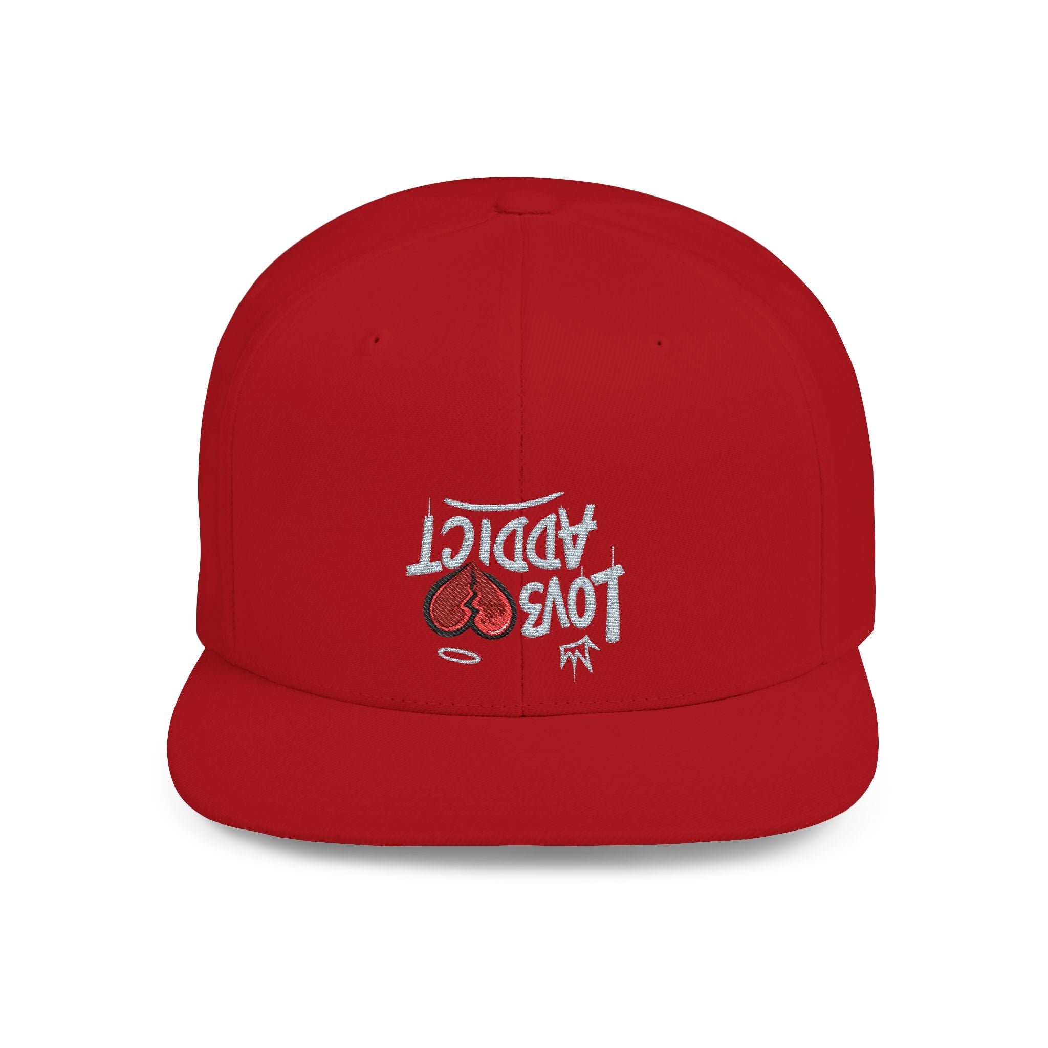 Flat Bill Snapback Hat — Red Heart Glitter Script Embroidered Cap
