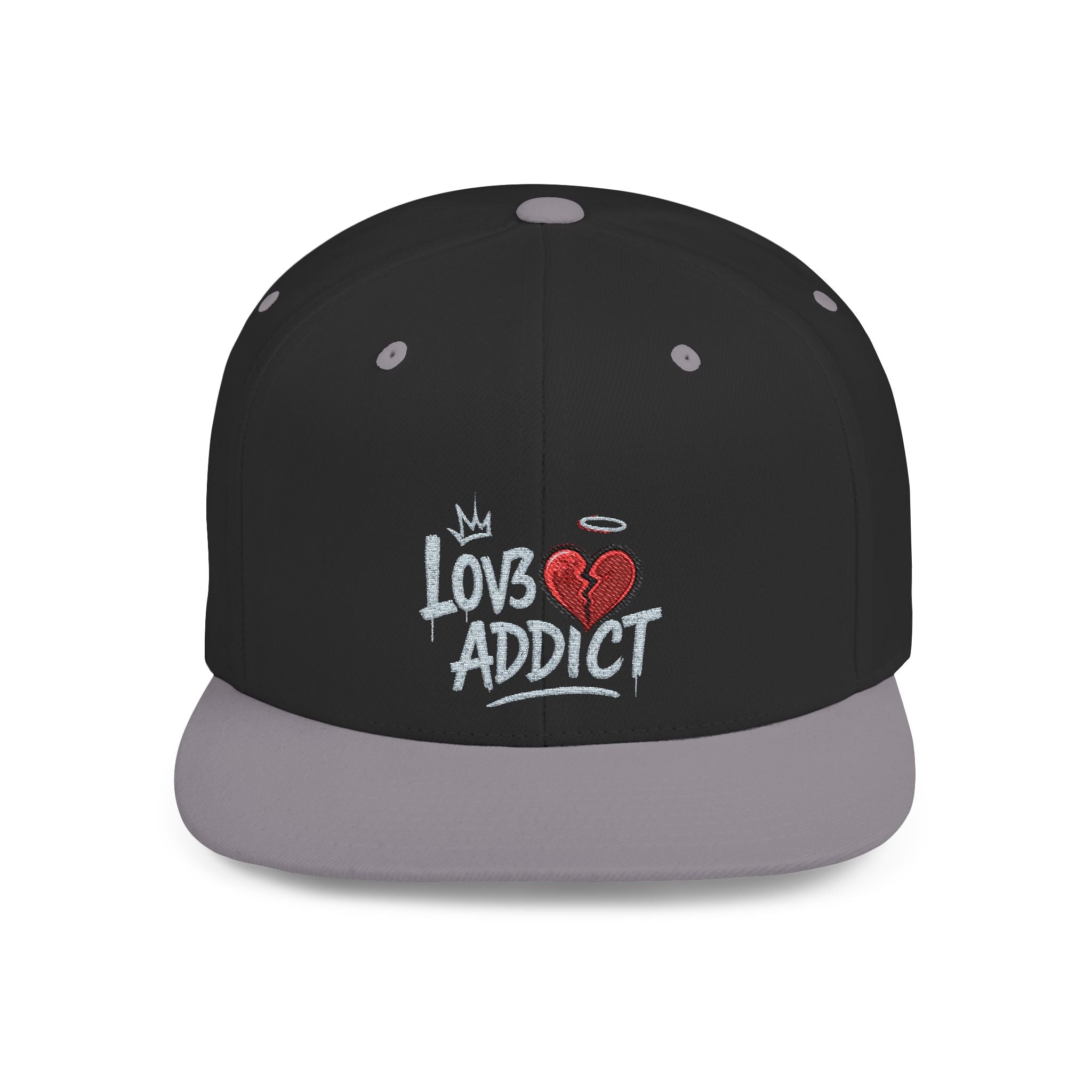Flat Bill Snapback Hat — 'Lov3 Addict' Heart Embroidered Cap