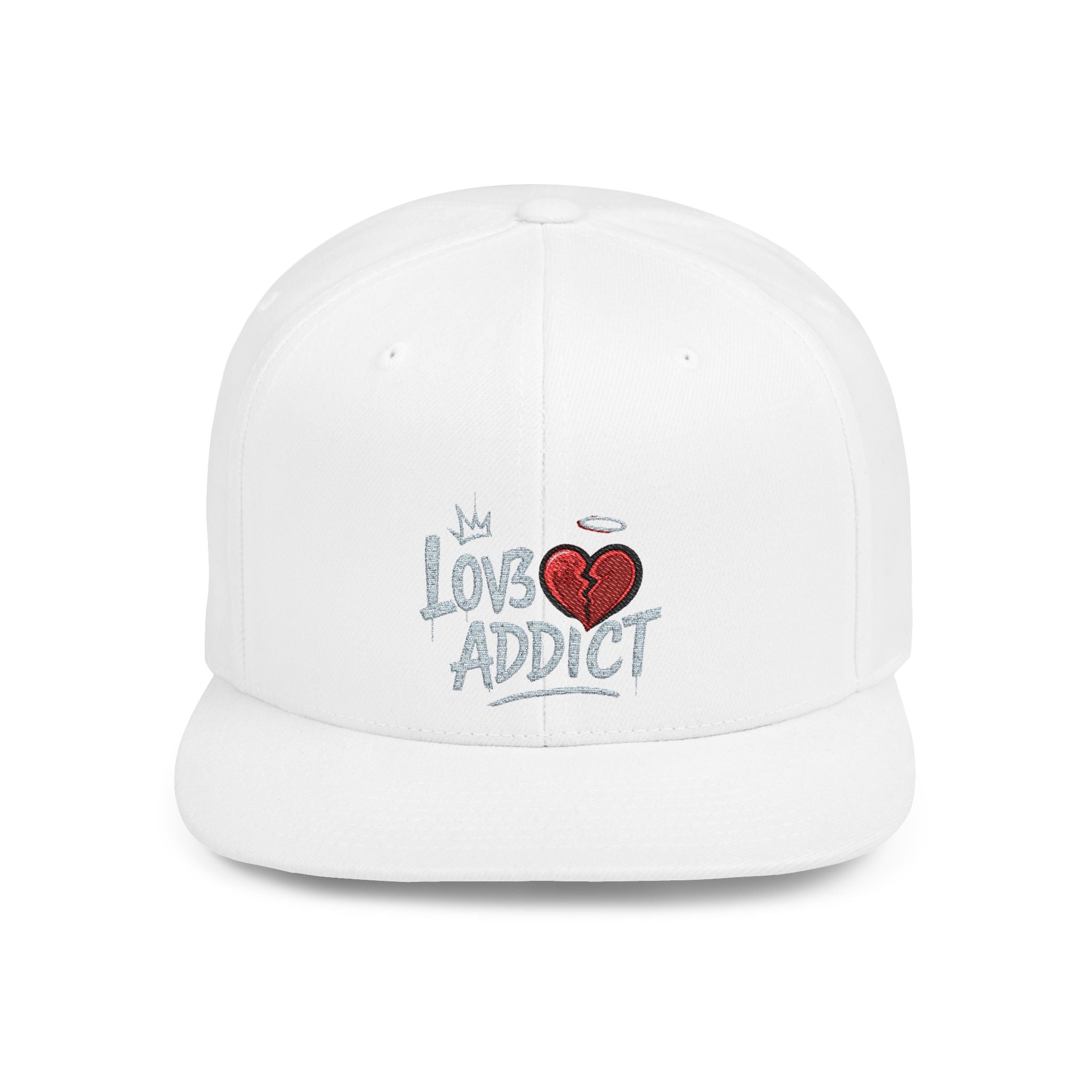 Flat Bill Snapback Hat — 'Lov3 Addict' Heart Embroidered Cap