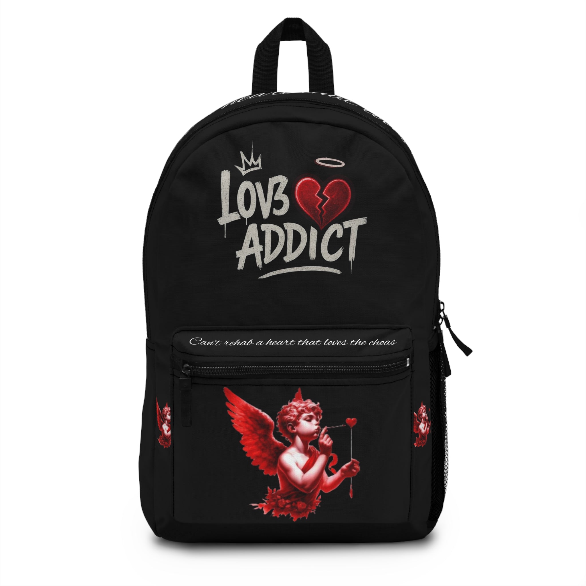 Lov3 Addict Backpack — Black Cupid Heart Graphic School Bag