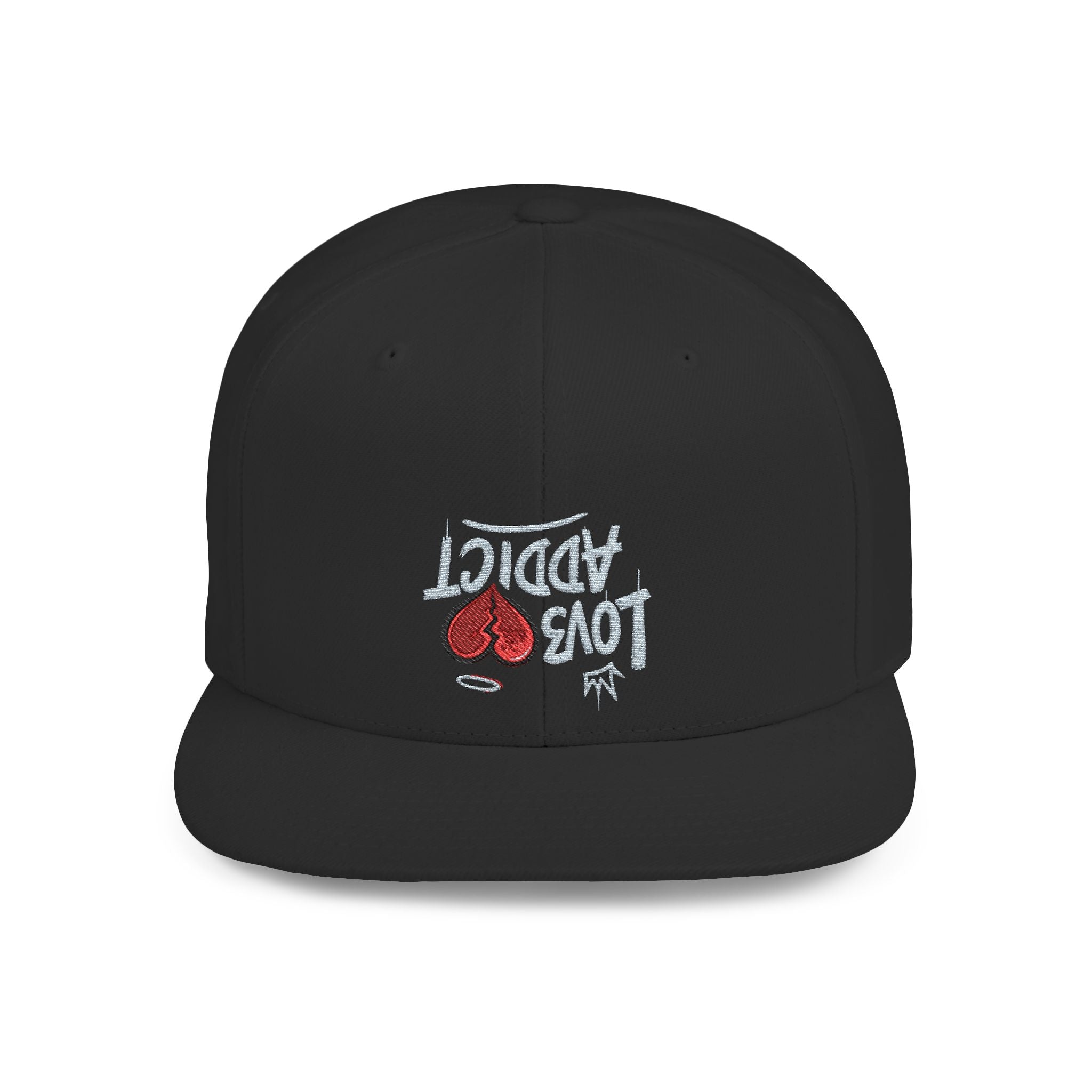 Flat Bill Snapback Hat — Red Heart Glitter Script Embroidered Cap