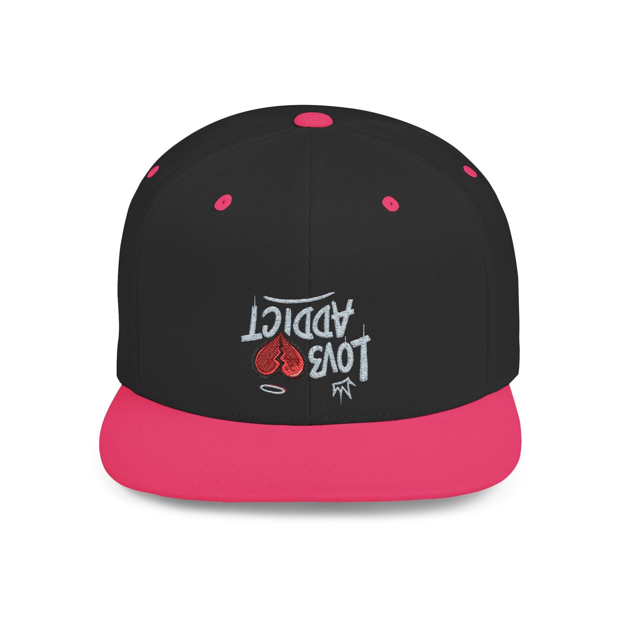 Flat Bill Snapback Hat — Red Heart Glitter Script Embroidered Cap