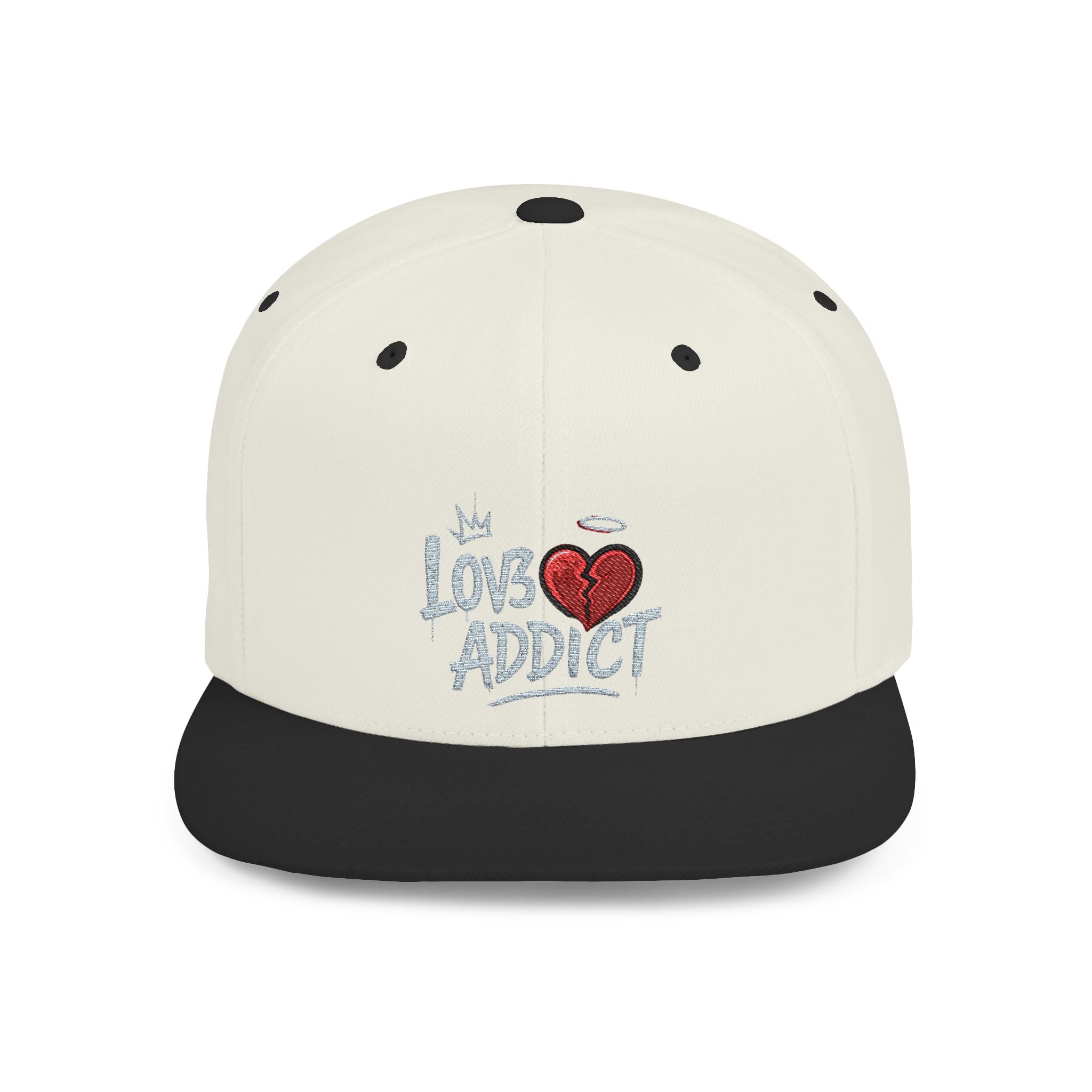 Flat Bill Snapback Hat — 'Lov3 Addict' Heart Embroidered Cap