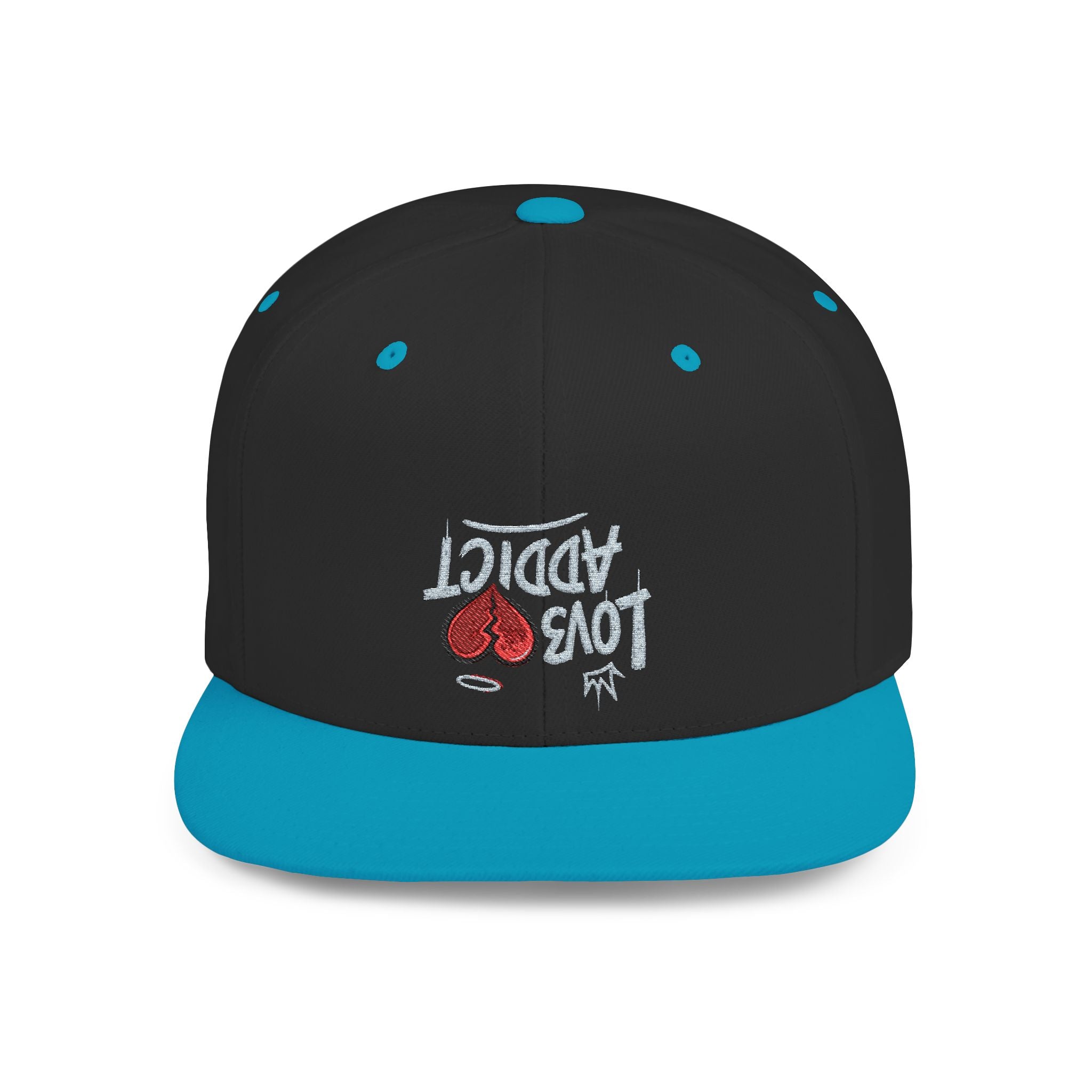 Flat Bill Snapback Hat — Red Heart Glitter Script Embroidered Cap