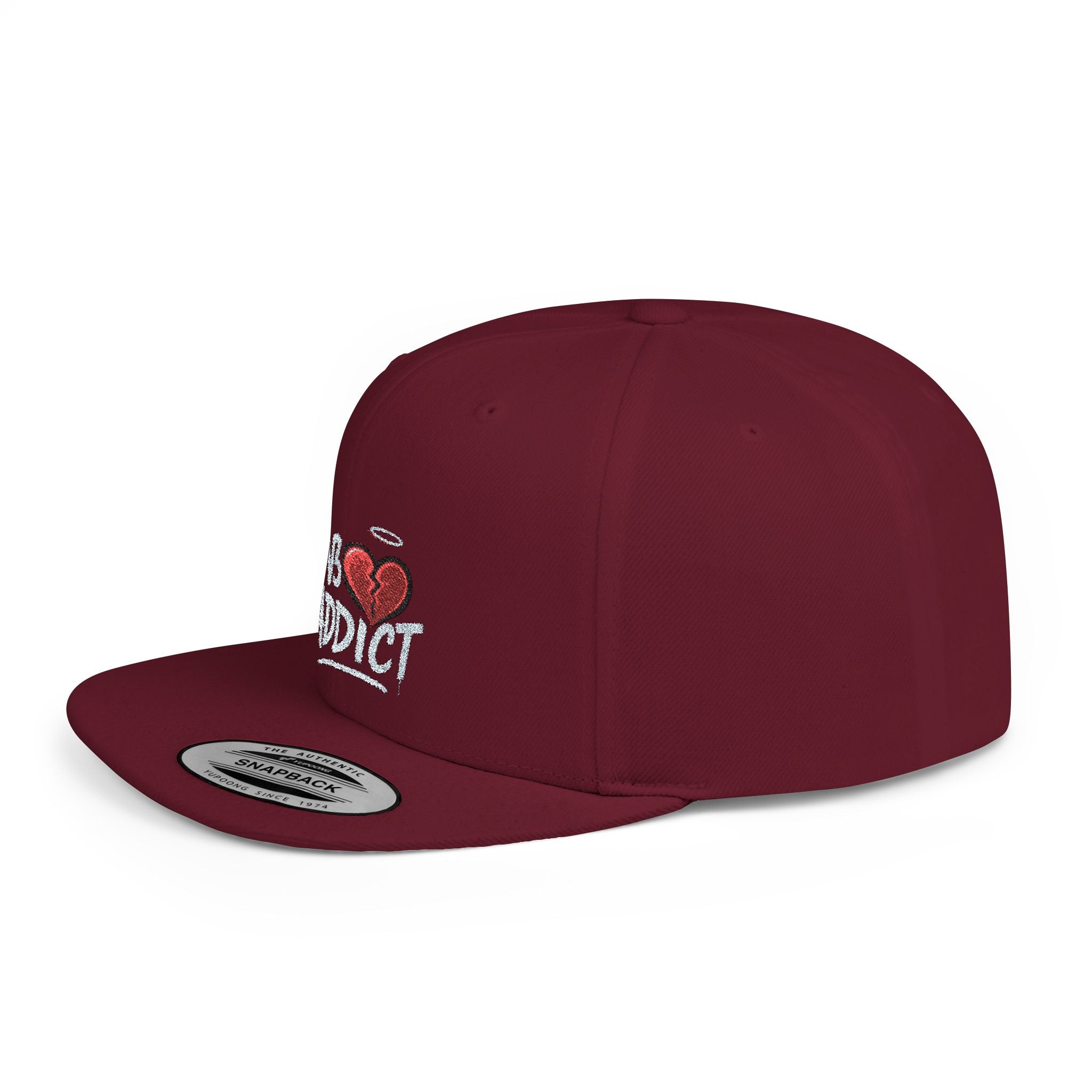 Flat Bill Snapback Hat — 'Lov3 Addict' Heart Embroidered Cap