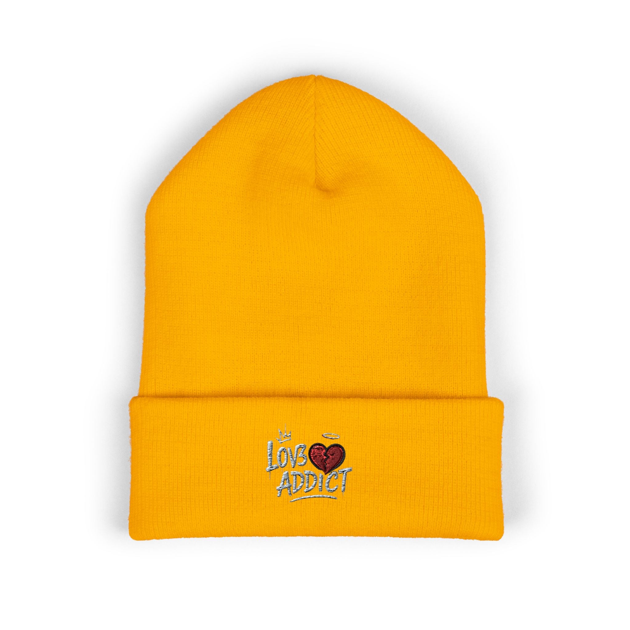 Iced Heart Addict Embroidered Beanie — Classic Cuffed Knit Hat