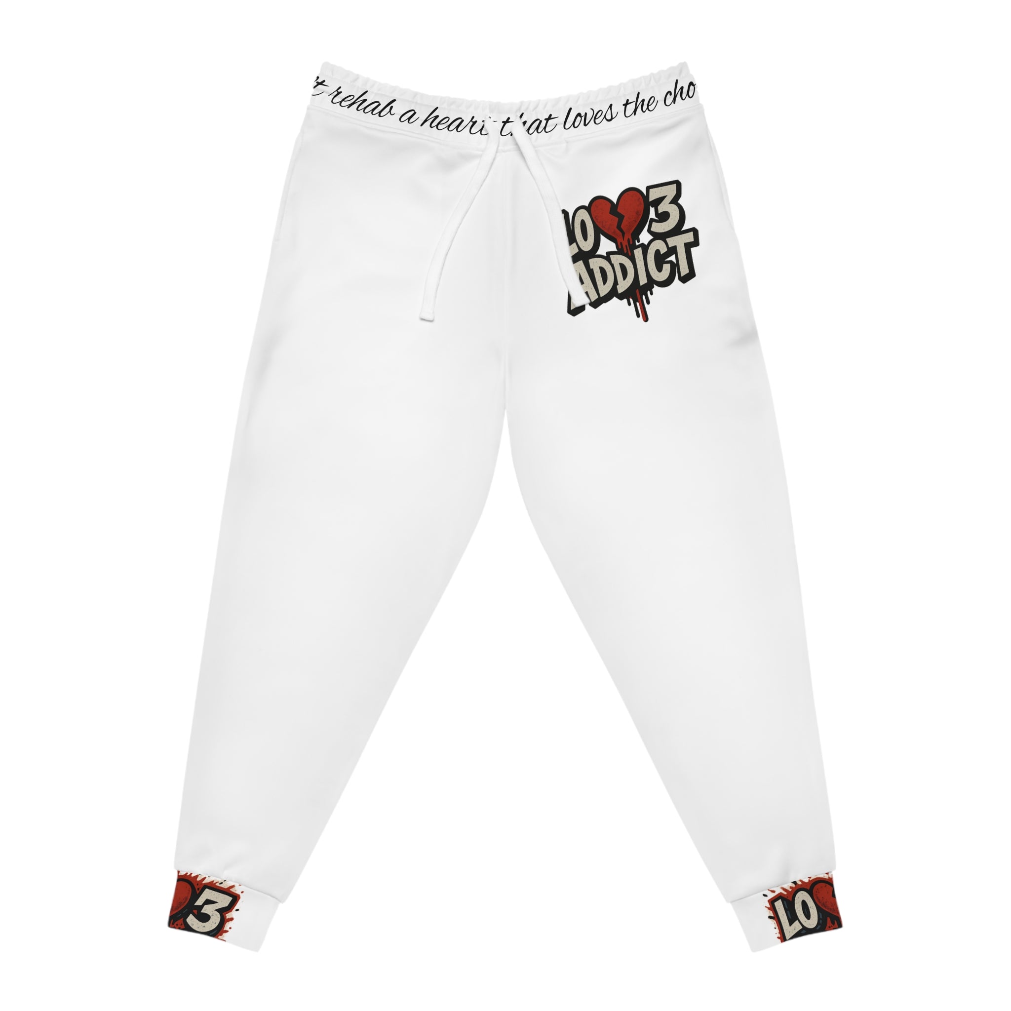 Lov3 Addict Joggers — White Graphic Athletic Sweatpants with Heart Logo