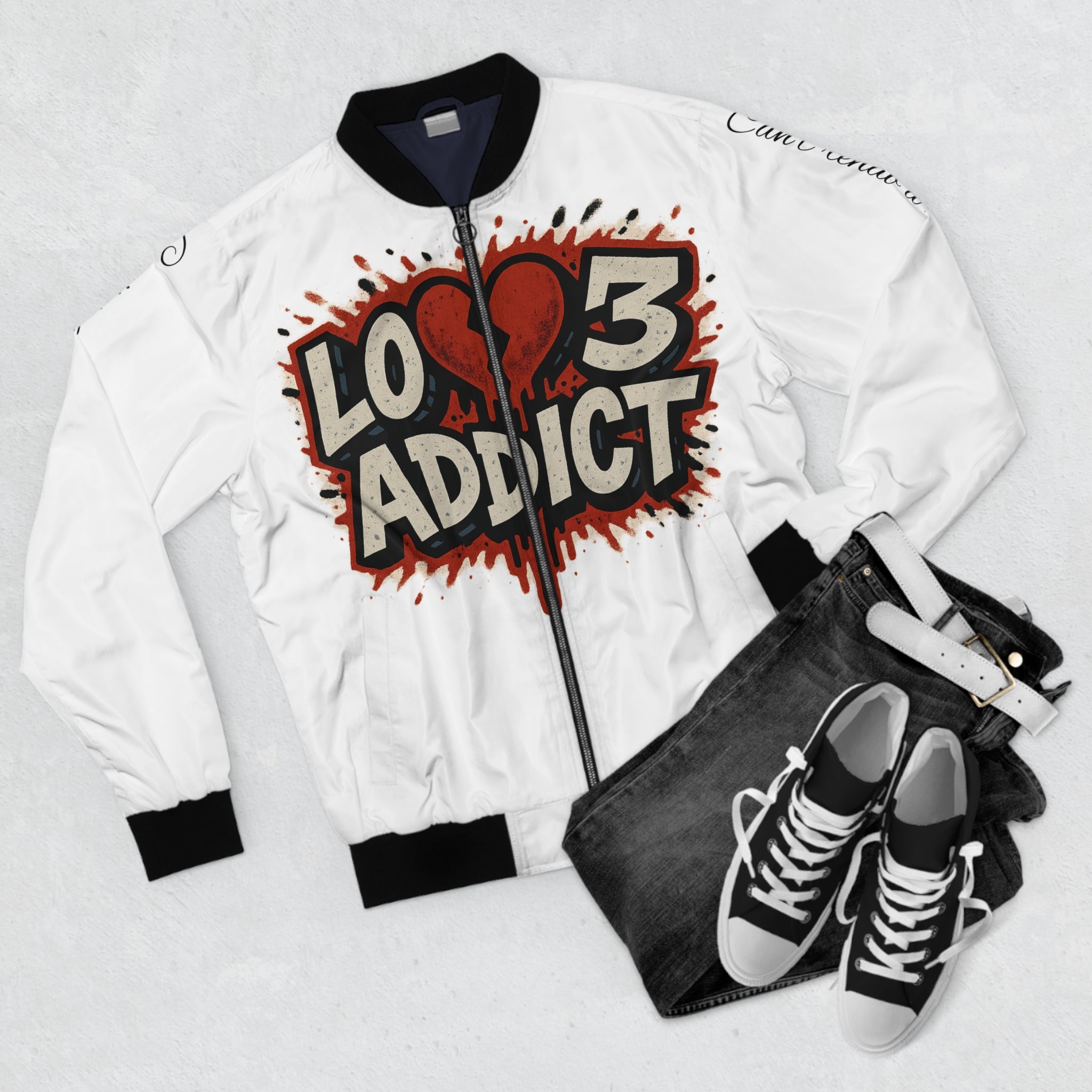 Lov3 Addict Bomber Jacket — Retro Graffiti Heart Cupid AOP